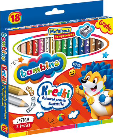 Kredki świecowe BAMBINO w oprawie drewnianej 18kol. temperówka